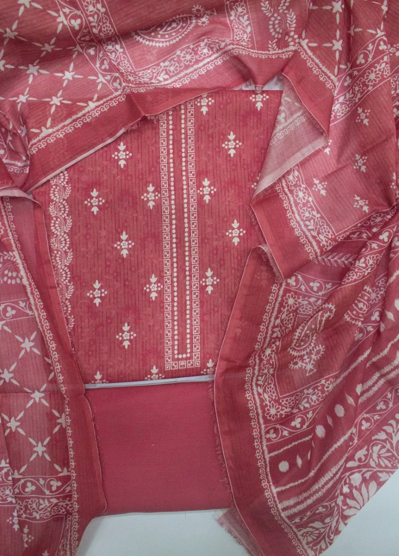 3 Piece Digital Printed Coral Pink Color Unstitched Suit