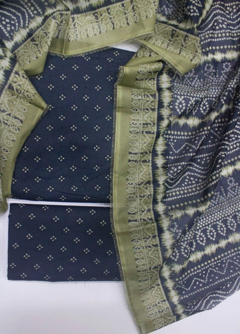 3 Piece Digital Printed Navy Blue Color Unstitched Suit