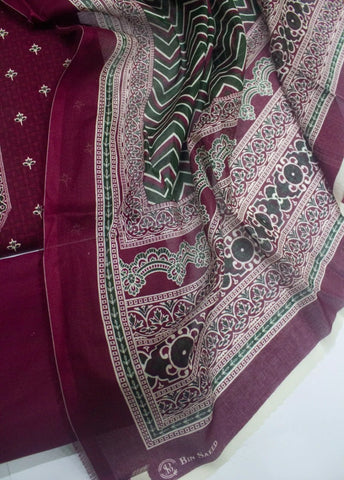 3 Piece Digital Printed Maroon Color Unstitched Suit