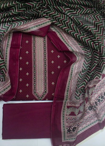 3 Piece Digital Printed Maroon Color Unstitched Suit