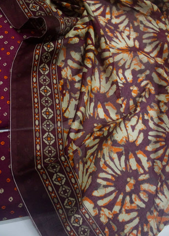 3 Piece Digital Printed Maroon Color Unstitched Suit