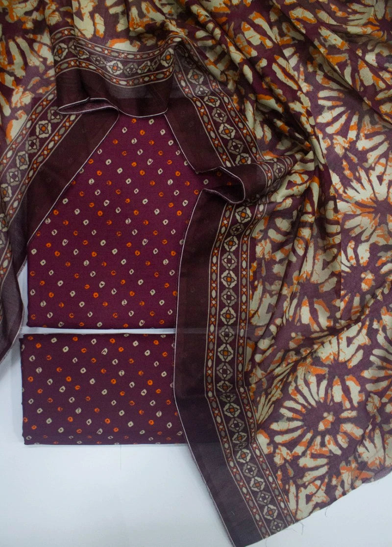 3 Piece Digital Printed Maroon Color Unstitched Suit