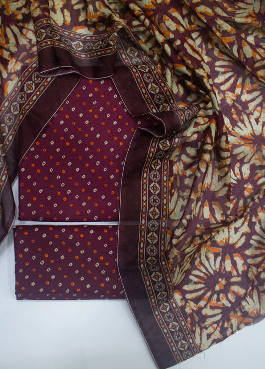 3 Piece Digital Printed Maroon Color Unstitched Suit
