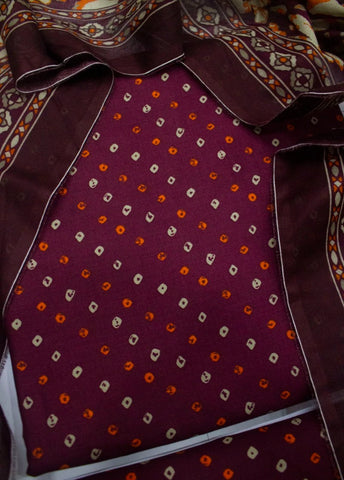 3 Piece Digital Printed Maroon Color Unstitched Suit