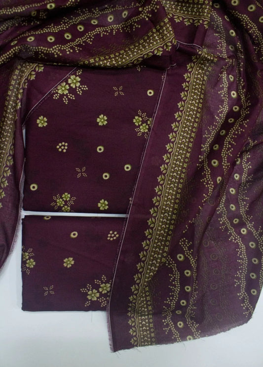 3 Piece Digital Printed Maroon Color Unstitched Suit