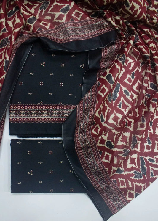 3 Piece Digital Printed Black Color Unstitched Suit