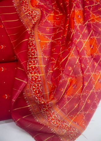 3 Piece Digital Printed Red Color Unstitched Suit