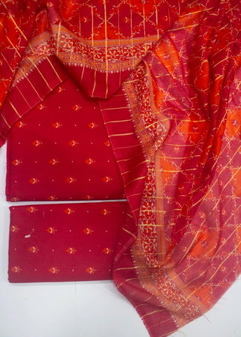 3 Piece Digital Printed Red Color Unstitched Suit