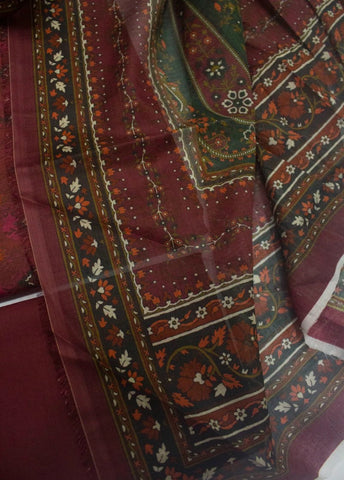 3 Piece Digital Printed Maroon Color Unstitched Suit