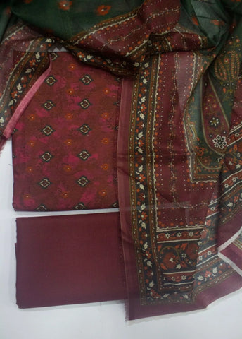 3 Piece Digital Printed Maroon Color Unstitched Suit