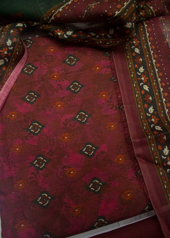 3 Piece Digital Printed Maroon Color Unstitched Suit