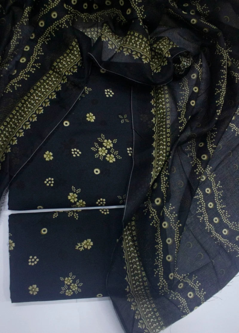 3 Piece Digital Printed Black Color Unstitched Suit