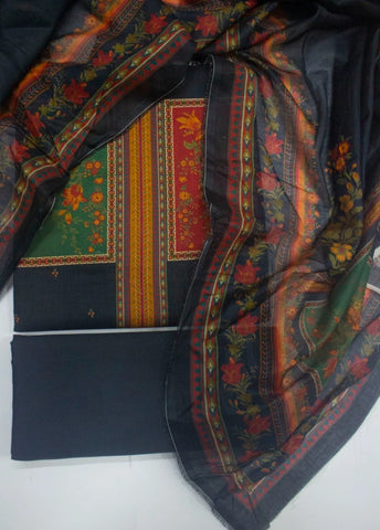 3 Piece Digital Printed Black Color Unstitched Suit