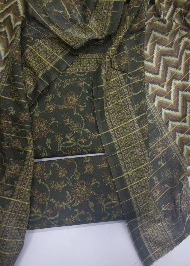 3 Piece Digital Printed Green Color Unstitched Suit