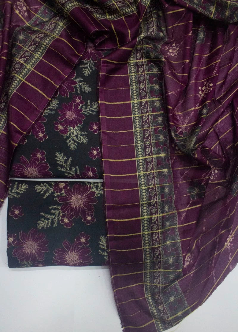 3 Piece Digital Printed Black Color Unstitched Suit