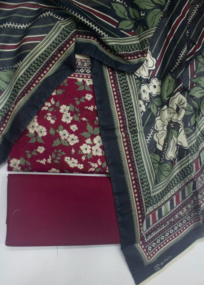 3 Piece Digital Printed Red Color Unstitched Suit