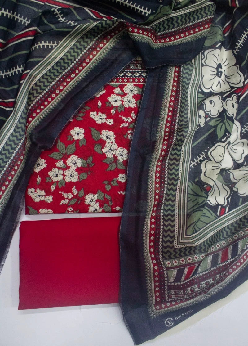 3 Piece Digital Printed Red Color Unstitched Suit