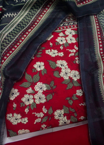 3 Piece Digital Printed Red Color Unstitched Suit