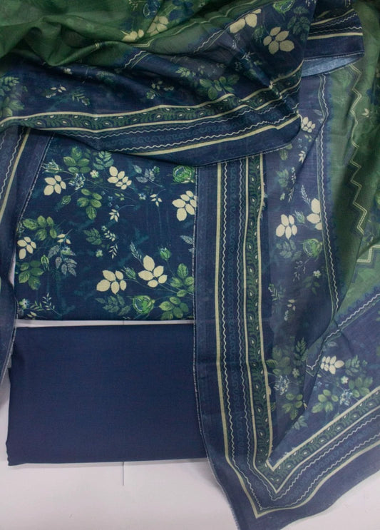 3 Piece Digital Printed Blue Color Unstitched Suit