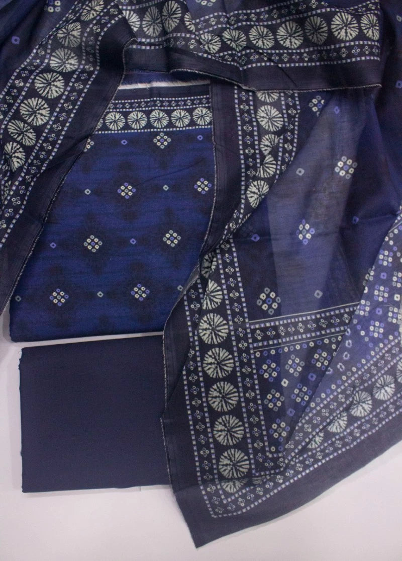 3 Piece Digital Printed Navy Blue Color Unstitched Suit