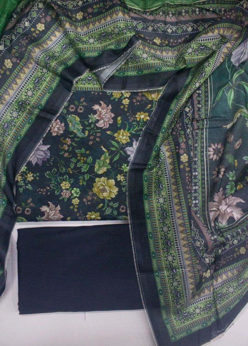 3 Piece Digital Printed Navy Blue Color Unstitched Suit