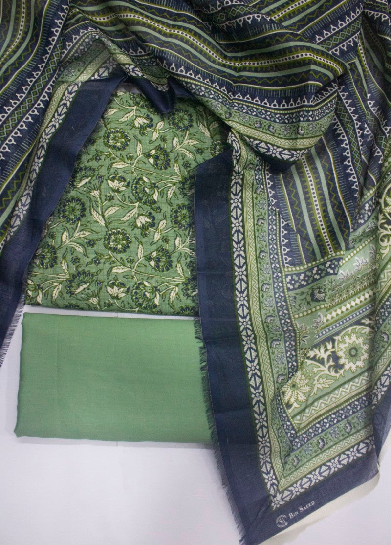 3 Piece Digital Printed Mint Green Color Unstitched Suit