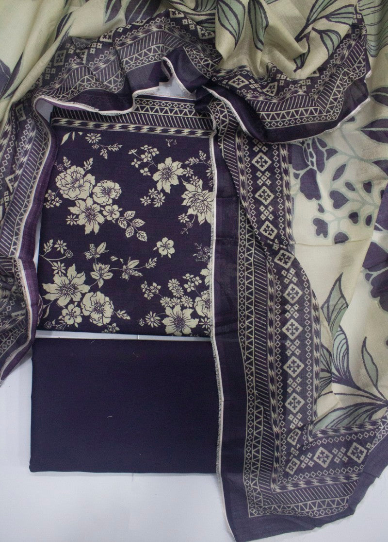 3 Piece Digital Printed Purple Color Unstitched Suit