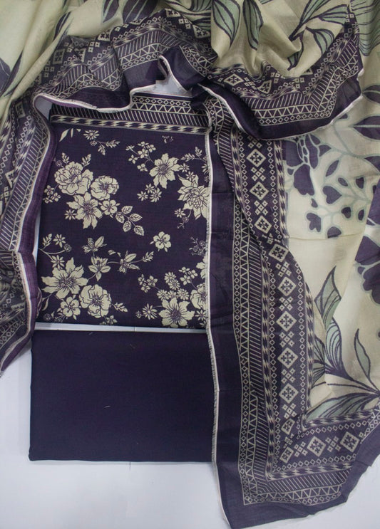 3 Piece Digital Printed Purple Color Unstitched Suit