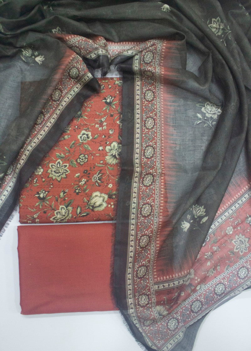 3 Piece Digital Printed Peonny Peach Color Unstitched Suit