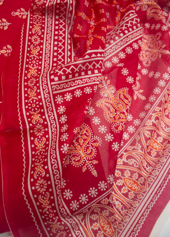 3 Piece Digital Printed Red Color Unstitched Suit