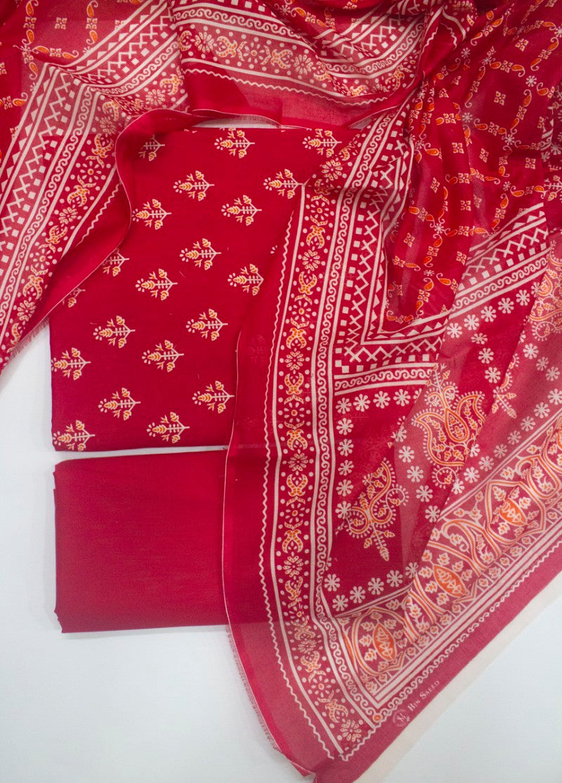 3 Piece Digital Printed Red Color Unstitched Suit