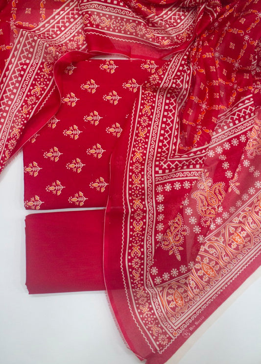 3 Piece Digital Printed Red Color Unstitched Suit