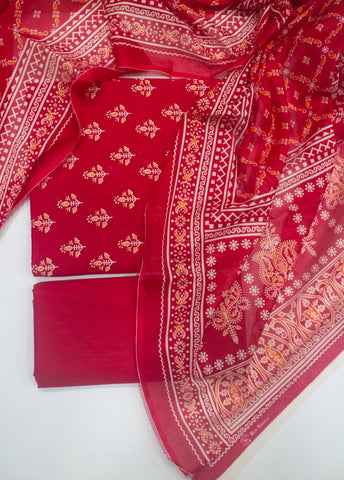 3 Piece Digital Printed Red Color Unstitched Suit