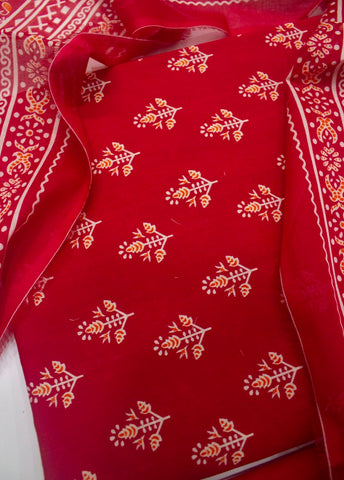 3 Piece Digital Printed Red Color Unstitched Suit
