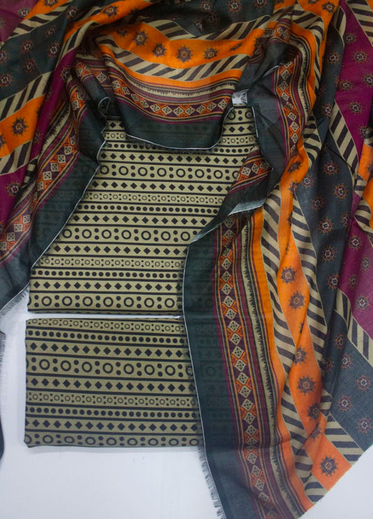 3 Piece Digital Printed Beige Color Unstitched Suit
