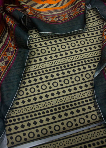 3 Piece Digital Printed Beige Color Unstitched Suit