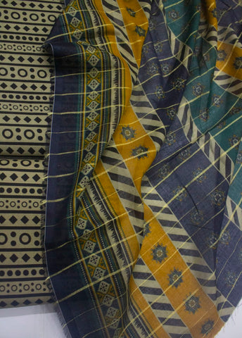 3 Piece Digital Printed Beige&Black Color Unstitched Suit