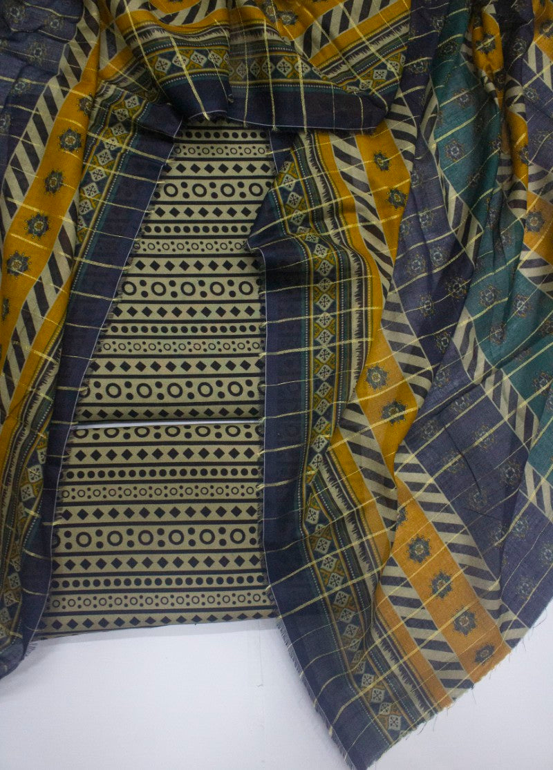 3 Piece Digital Printed Beige&Black Color Unstitched Suit