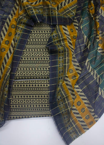 3 Piece Digital Printed Beige&Black Color Unstitched Suit