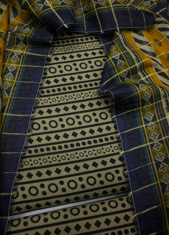 3 Piece Digital Printed Beige&Black Color Unstitched Suit