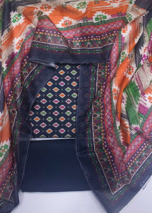 3 Piece Digital Printed Navy Blue Color Unstitched Suit
