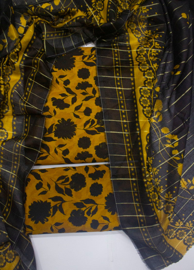 3 Piece Digital Printed Mustard Color Unstitched Suit