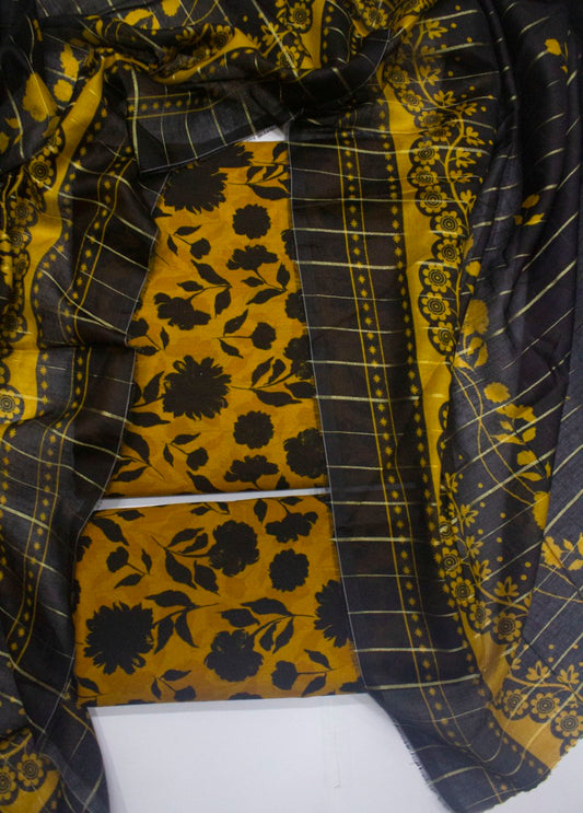 3 Piece Digital Printed Mustard Color Unstitched Suit