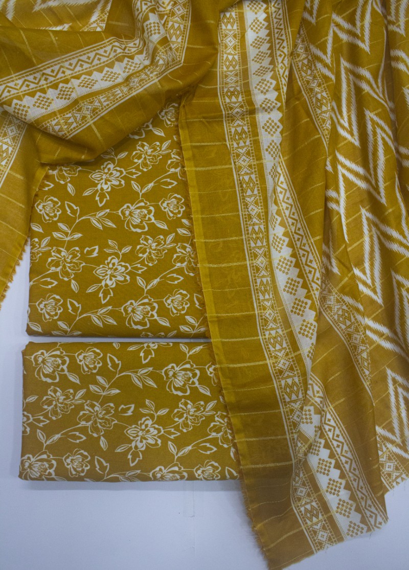 3 Piece Digital Printed Mustard Color Unstitched Suit