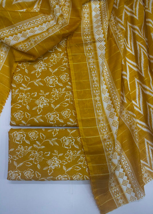 3 Piece Digital Printed Mustard Color Unstitched Suit