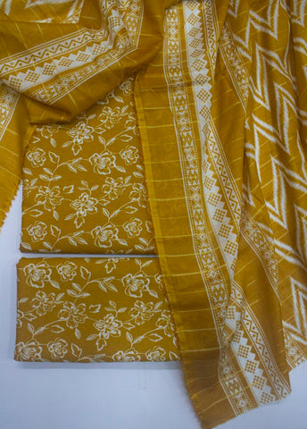 3 Piece Digital Printed Mustard Color Unstitched Suit