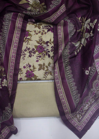 3 Piece Digital Printed Beige Color Unstitched Suit
