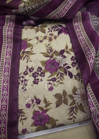 3 Piece Digital Printed Beige Color Unstitched Suit