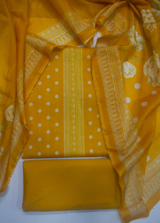 3 Piece Digital Printed Honey Orange Color Unstitched Suit