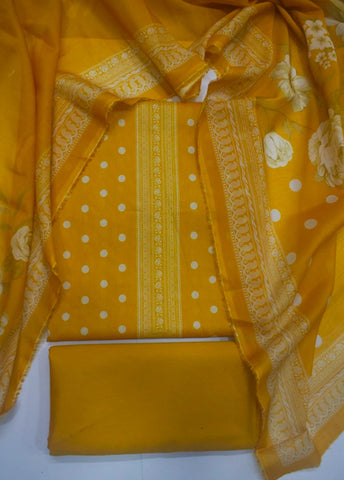 3 Piece Digital Printed Honey Orange Color Unstitched Suit